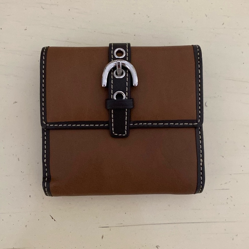 Y2K Coach Small Trifold Wallet Brown Signature Leather With Buckle Detail